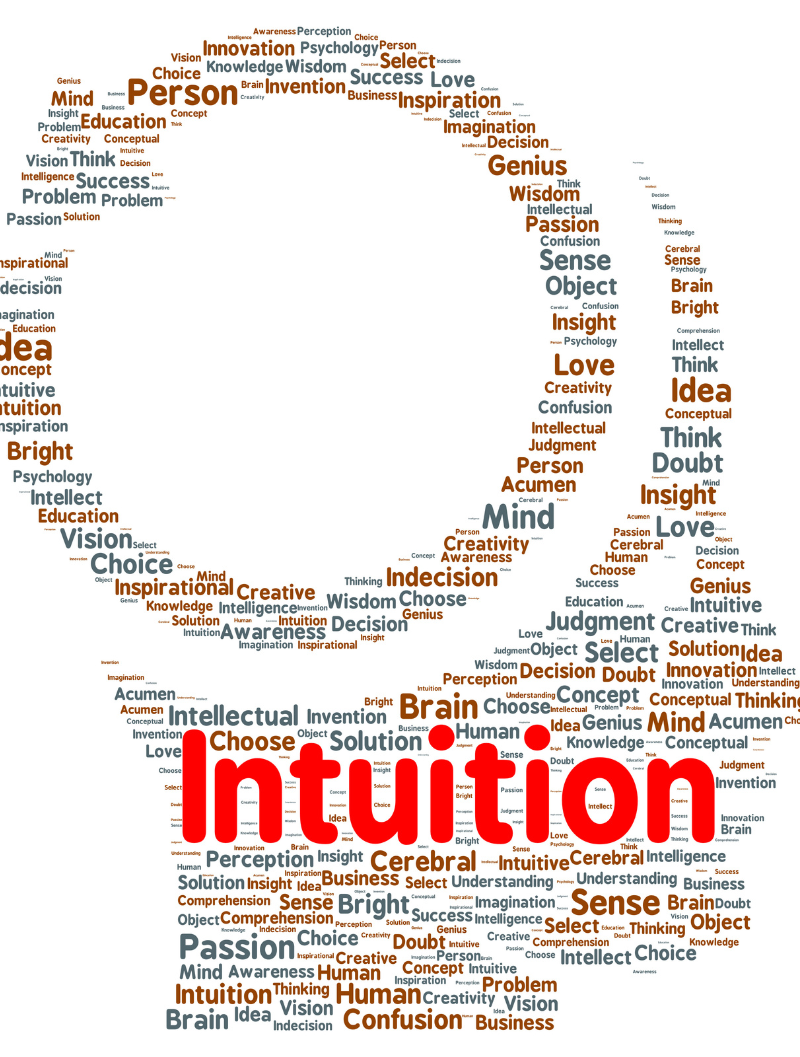 Person with colourful words and one prominent red word - intuition